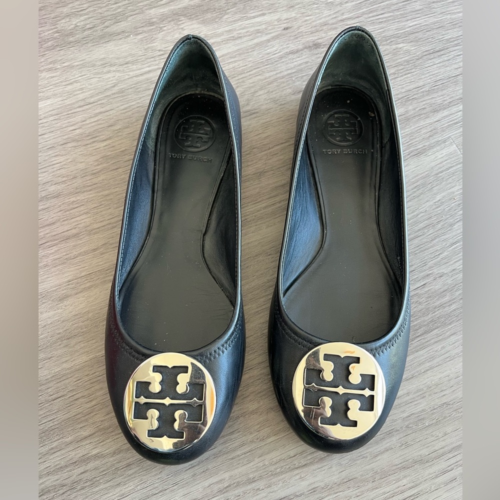 Tory Burch Black Flats with Gold Logo Accent